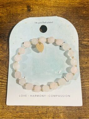 Love Harmony Compassion Rose Quartz Beaded Bracelet - 14k Gold Flash Plated